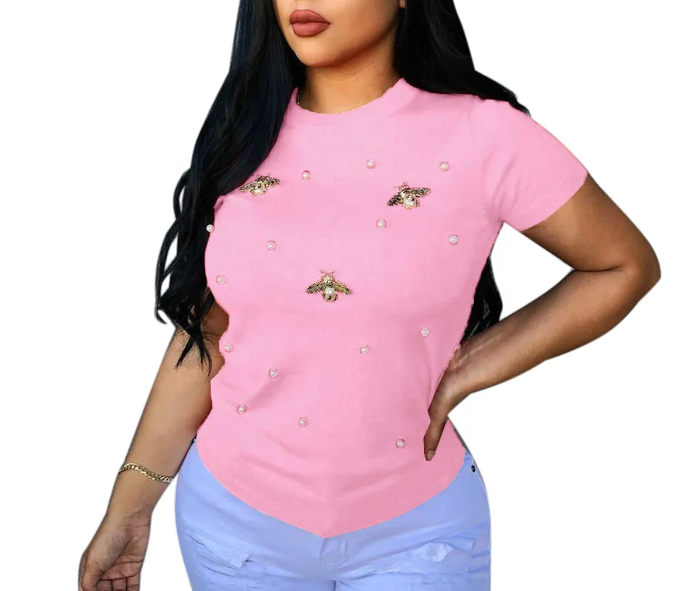Новинка 2022, модные повседневные топы, женская летняя футболка с коротким рукавом и бусинами, женская простая однотонная дизайнерская футболка