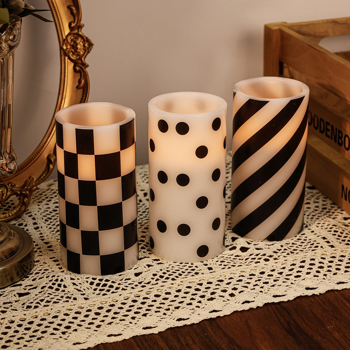 product paraffin flameless led candle with black white checkered stripe and polka dot pattern customizable pattern home decor-29