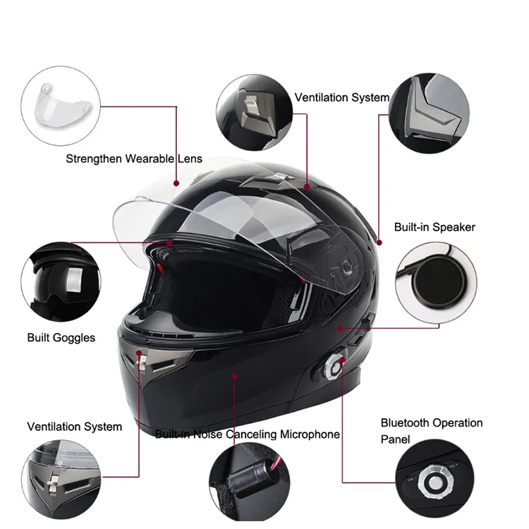 Full Face Motorcycle Helmet With Bluetooth - DOT/ECE Certified, ABS Shell, Removable Lining (S-XXXL)
