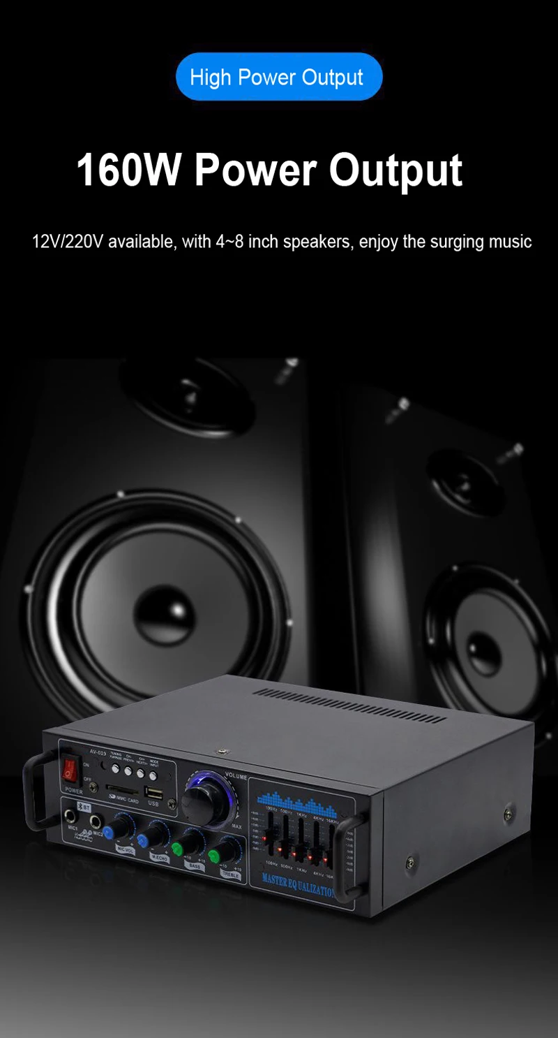 160W Dual Channel HiFi Stereo Audio Home Digital Amplifier Professional Tube Amplifier Module Microphone Input Remote Amplifier