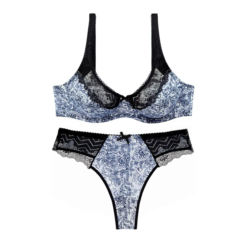 Woman Printed Plus Size Bra And Panty Big Cup Size And Lace Underwear Woman Padded Bra And