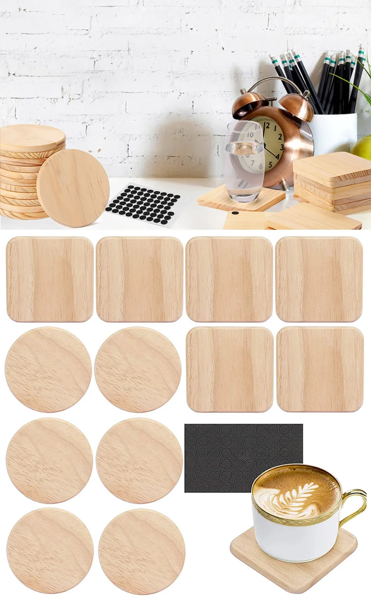 Custom 4'' Round Blank Wooden Coasters Unfinished Slice Square Cup Pad Mat With Nonslip Dot For