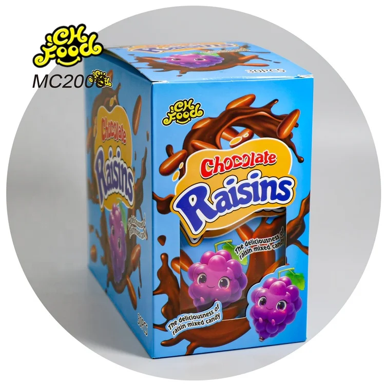OEM Chocolate Raisins Wholesale Crispy Chocolate Coated Milk Soft Candy Raisins Center Filling Sweets Snack Food Halal