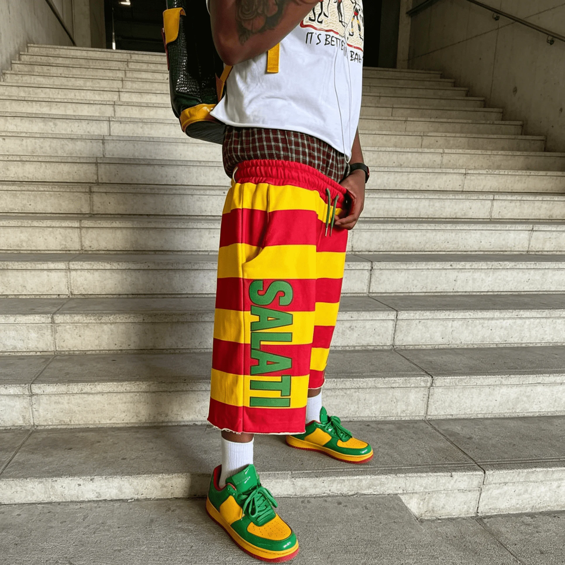 OEM ODM Custom Logo Mens Red Yellow Striped Baggy Drawstring Side Letter Print Hip Hop Basketball Streetwear Casual Shorts gallery 3