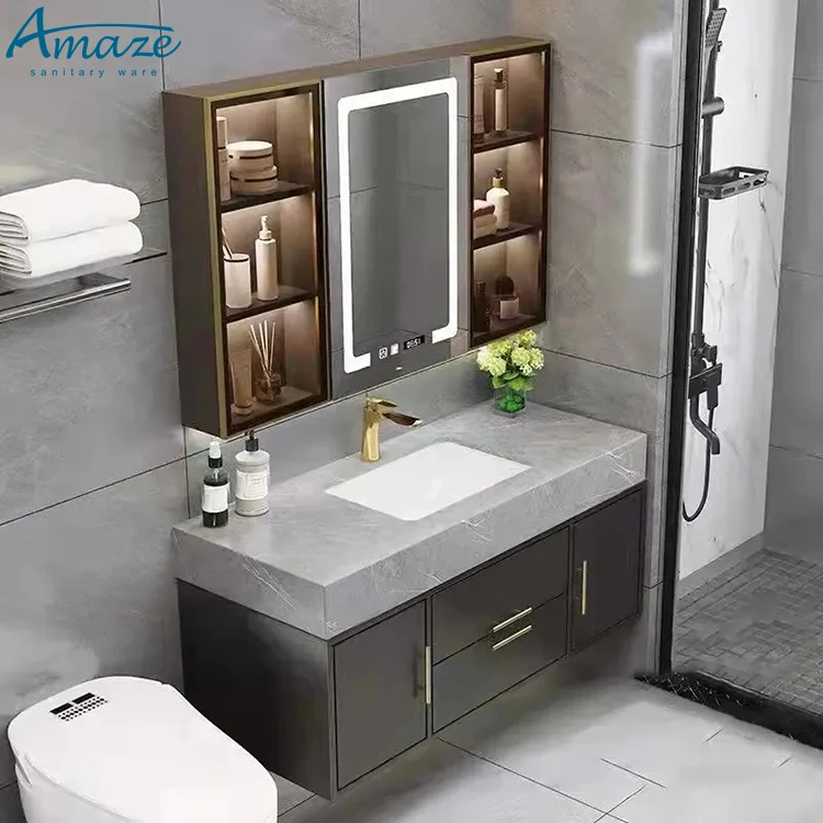 Modern style hotel household furniture plywood design intelligent mirror cabinet bathroom vanitiy sink manufacture