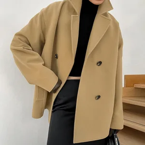 2024 Autumn Women's Woolen Coat Double Breasted Lapel Long Sleeved Loose Fit Fashionable Streetwear for Commuting Polyester