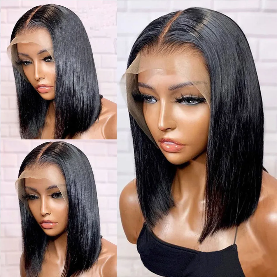 European and American Women's Short Straight Black Wig Middle Part Front Lace Rose Net Hair Set Made of Chemical Fiber