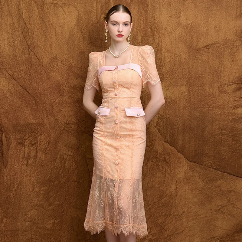 Zyht 20588 Embroidery Mesh Lace Short Sleeve Street Style Sheer Layer Midi Front Button Decor Mermaid Hem Natural Casual Women