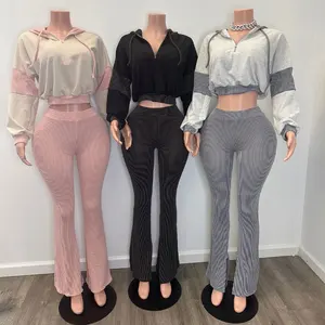 Huili Manufacturer Oem High Quality Sports Hooded Crop Top & Flare Leggings Two Piece Pajama Set Women's Loungewear Custom Logo