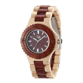 TJW Women's Super Luminous Round Dial Analog Display Wooden Sports Watch with 20mm Coin Band Glass Dial Window Charm