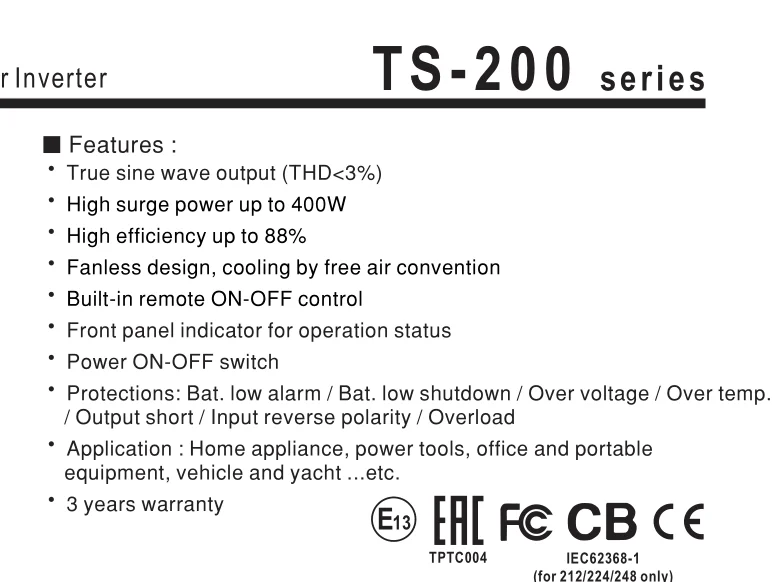 
Оригинальный Meanwell TS-200-124 200W истинный синус волна DC-AC инвертор с pwm солнечное зарядное устройство 
