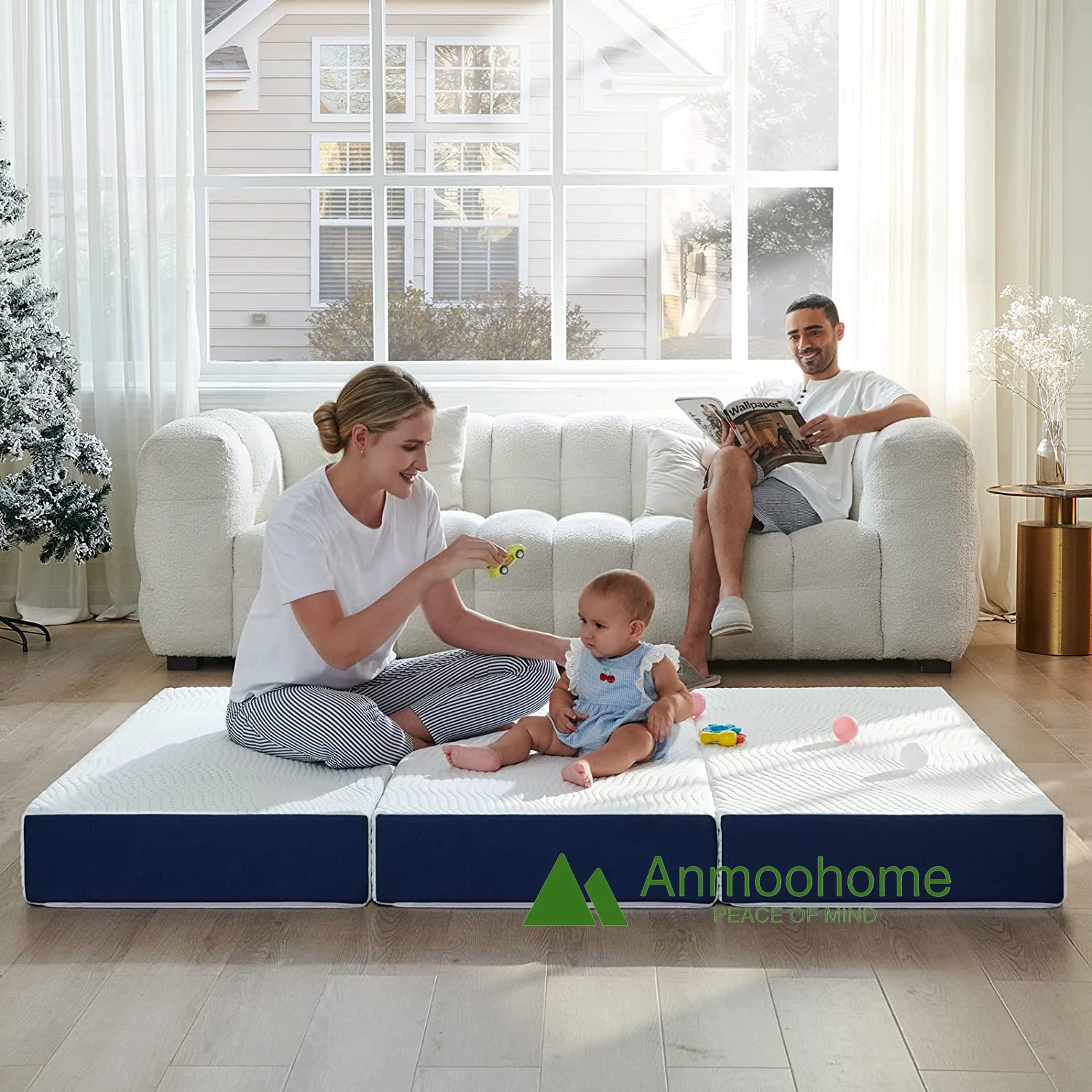 Blue And White Foldable Trifold Pad Mattress Removable Floor Mattress