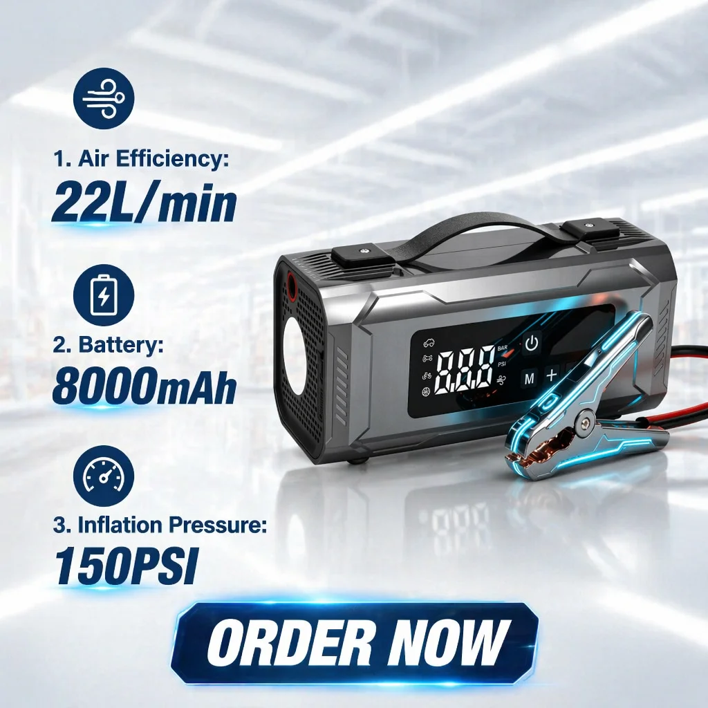 Démarrage de secours sans fil portable multifonction pour batterie de voiture, chargeur et booster rechargeable avec compresseur d'air pour gonflage de pneus