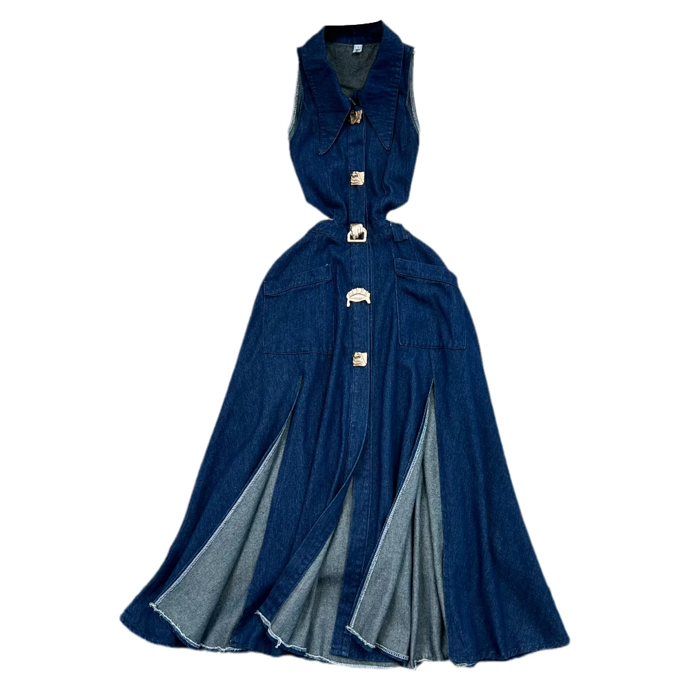 Vintage Lapel Cut-Out Waistless Sleeveless A-Line Split Denim Dress