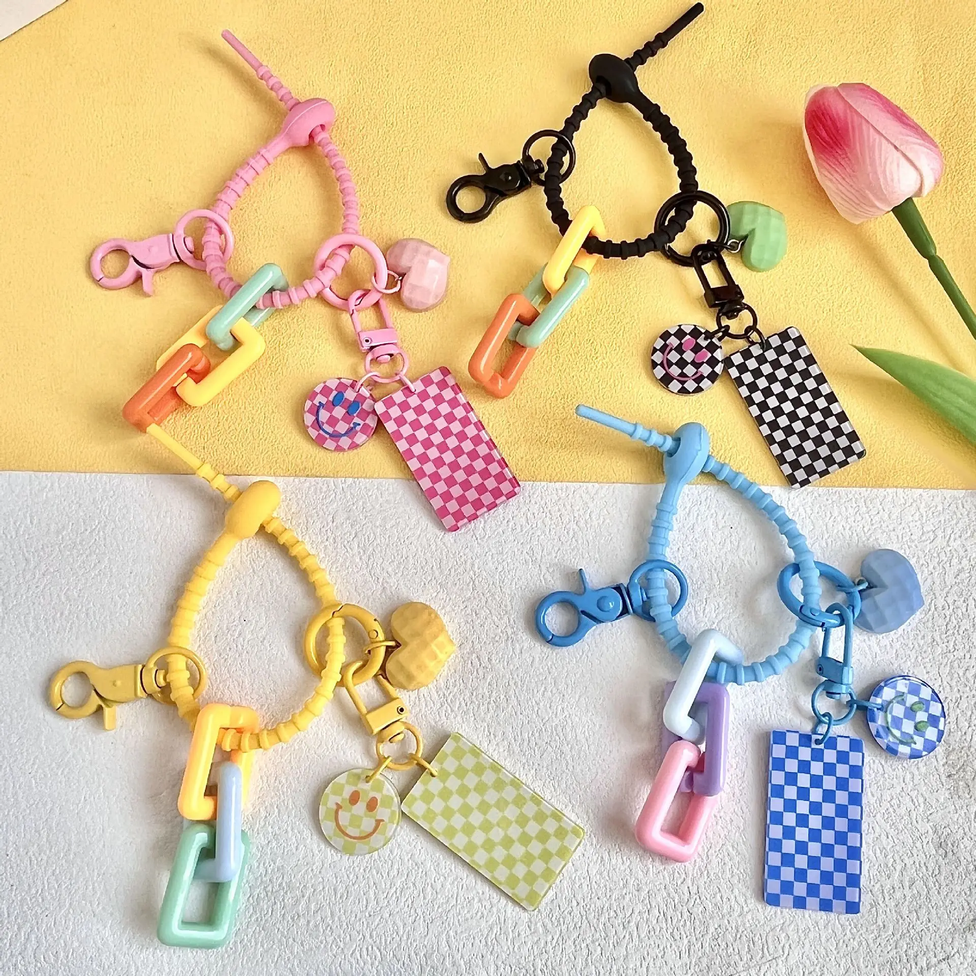 Cute Smiling Face Acrylic Checkerboard Checkered Diy Keychain Schoolbag ...