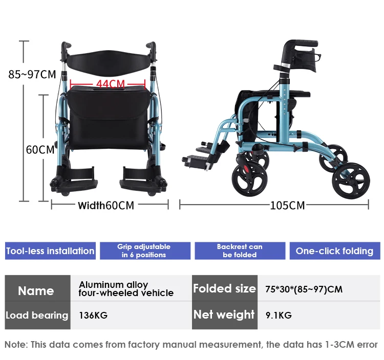 High Quality Hot Selling Aluminum frame Folding Portable Rollator Walker And Wheel Chair With Seat for elderly details