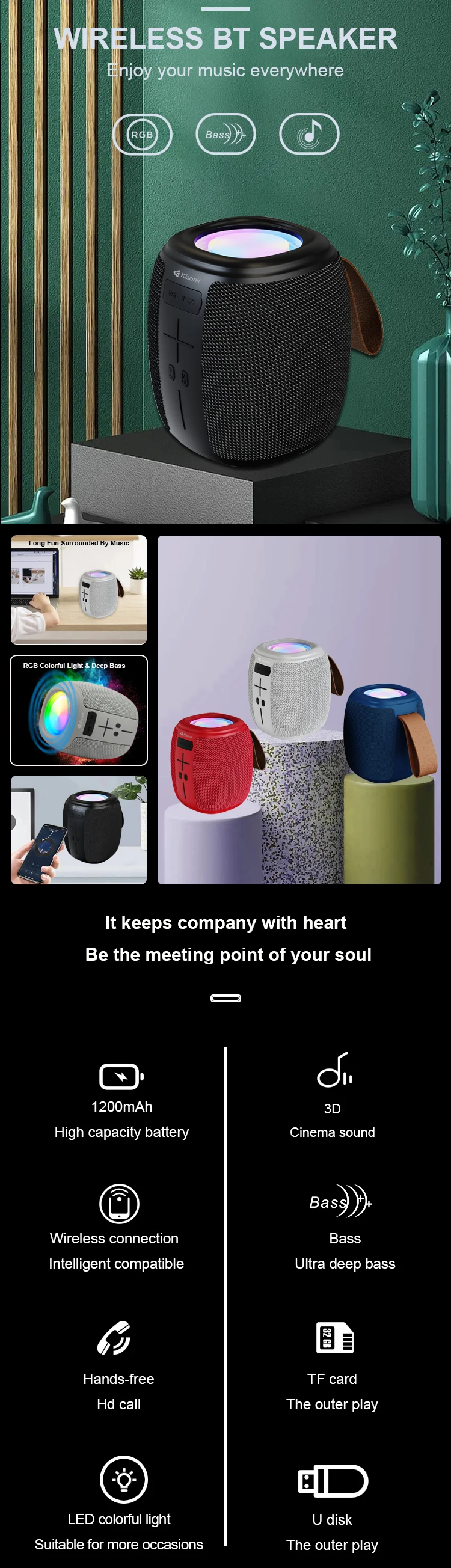 Kisonli Q16 Lighting Speaker Led Wireless Tws Function Blue Tooth Speakers