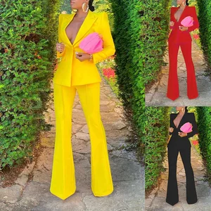 Women's Chic Office Lady Suit 2-Piece Flare Sleeve Plunge V-Neck Top & High Waist Wide Leg Pant Set Matching Outfit