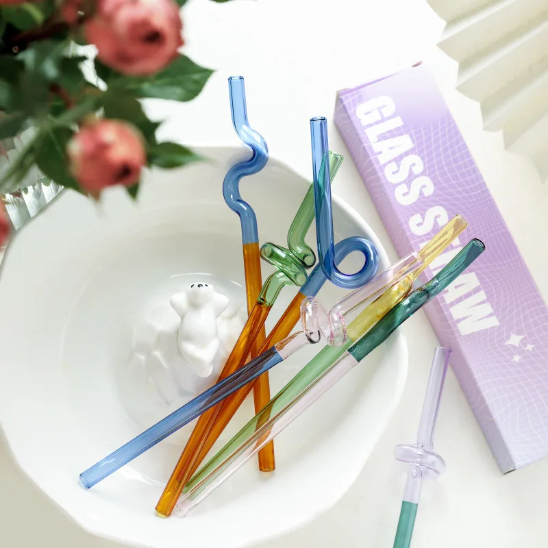 Color Glass Straws Twist Reusable Straws Heat Resistant Glass