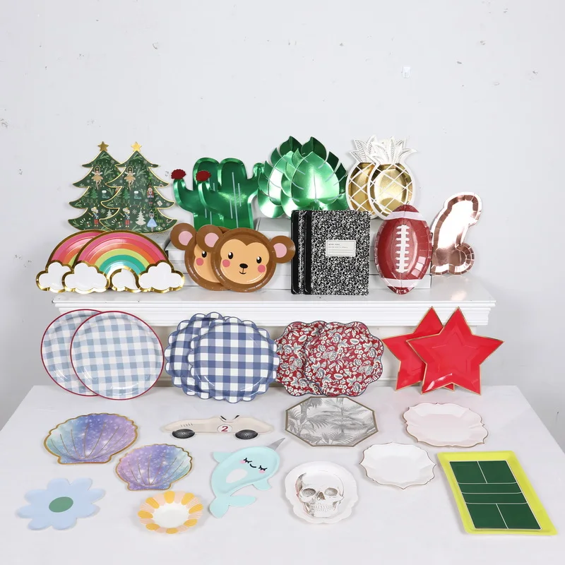 Disposable Party Tableware Set 9inch Printed Shell Cactus Tortoiseshell Leaf Paper Plates for Birthday Baby Shower Decorations