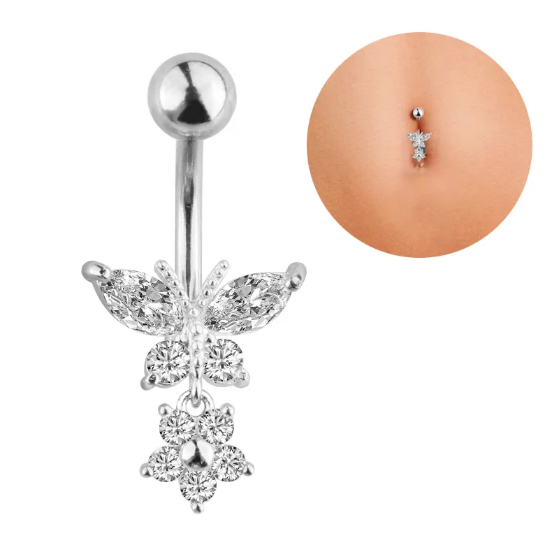Top Quality FAMA 2 Butterfly Multi Gem Dangle Navel Belly Ring Surgical Steel