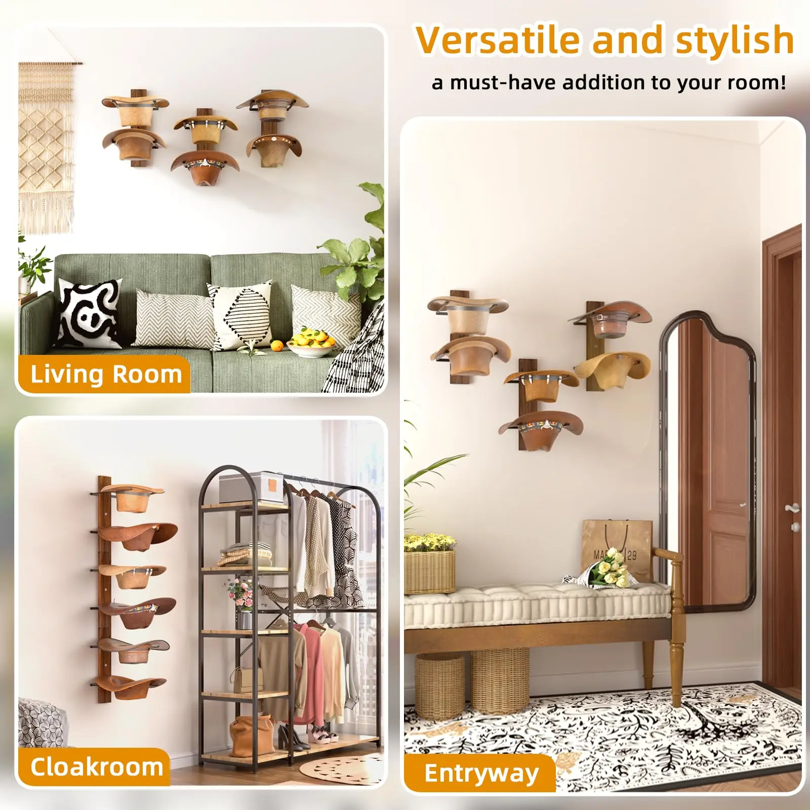product wall mounted cowboy hat rack 6 tier wooden hat hanger for western hats caps accessories hat holder large brim hat organizer-6