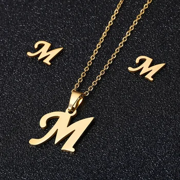New Fashion Stainless Steel Jewelry 18K Gold Plated A-Z 26 Initial Letters Alphabet Pendant Necklace Earring Sets For Women 2021