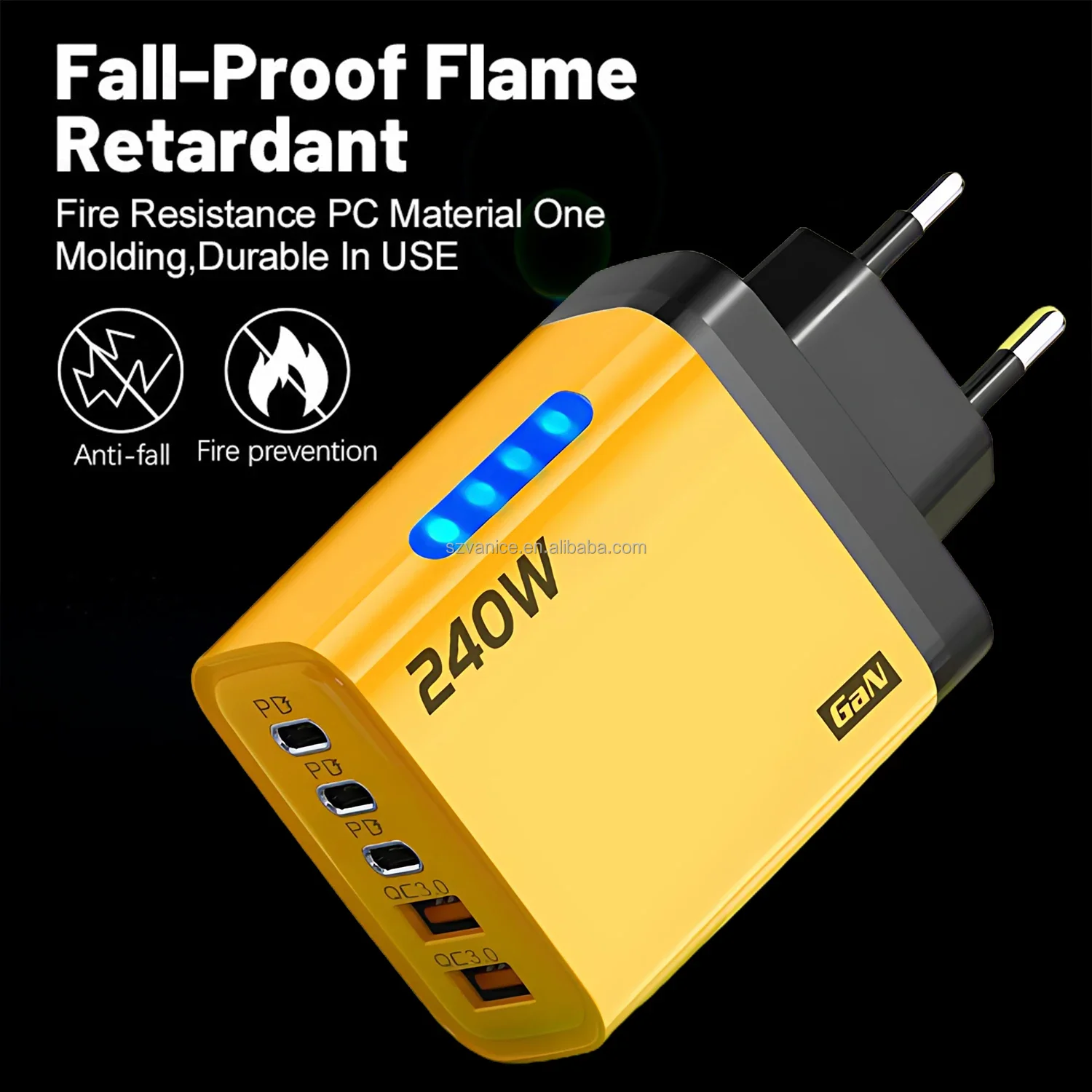 EU/US Plug 240W GaN Charger Adapter 5 Port PD USB Fast Charger 240W LED Light USB-C Power Adapter