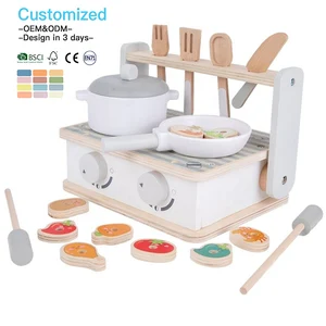 EDULAND Children's Wooden Portable BBQ Mini Kitchen Play House Gas Stove Toy Cooking Set Simulation Tableware Wooden Toys