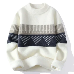 Autumn Winter Crew Neck Knit Sweater Casual Color Blocking Thicker Bottoming Knitted Pullover Knitted Sweater Pullover for Men