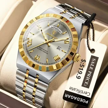 POEDAGAR Luxury Men's Sport Watch Classic Week Waterproof Luminous Wristwatch 41mm Stainless Steel Alloy Top Quartz Men's