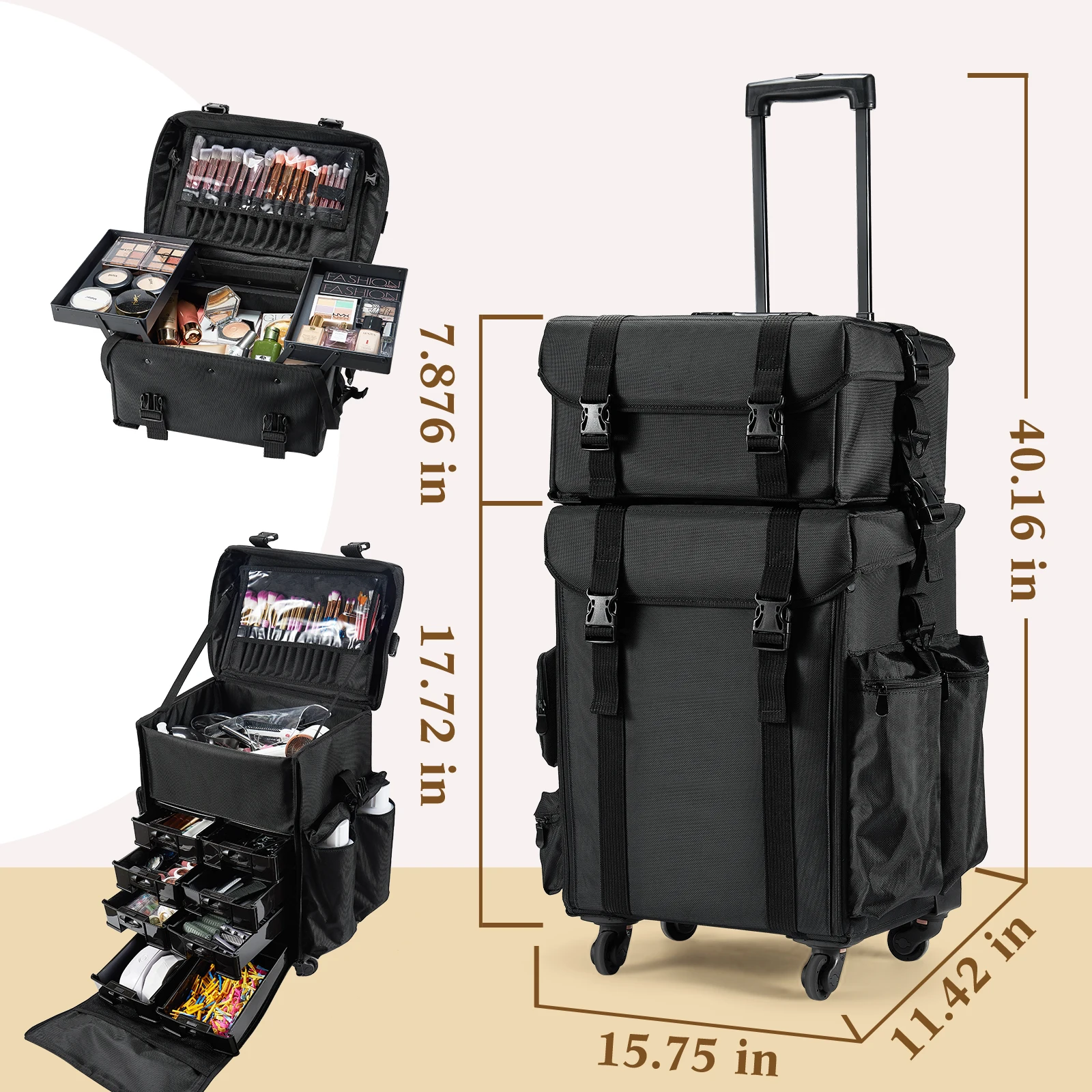 Rolling Makeup Case Trolley 2 in 1 Travel Cosmetic Train Cases on Wheels - Nylon Black Bags for Professional Make up Artist