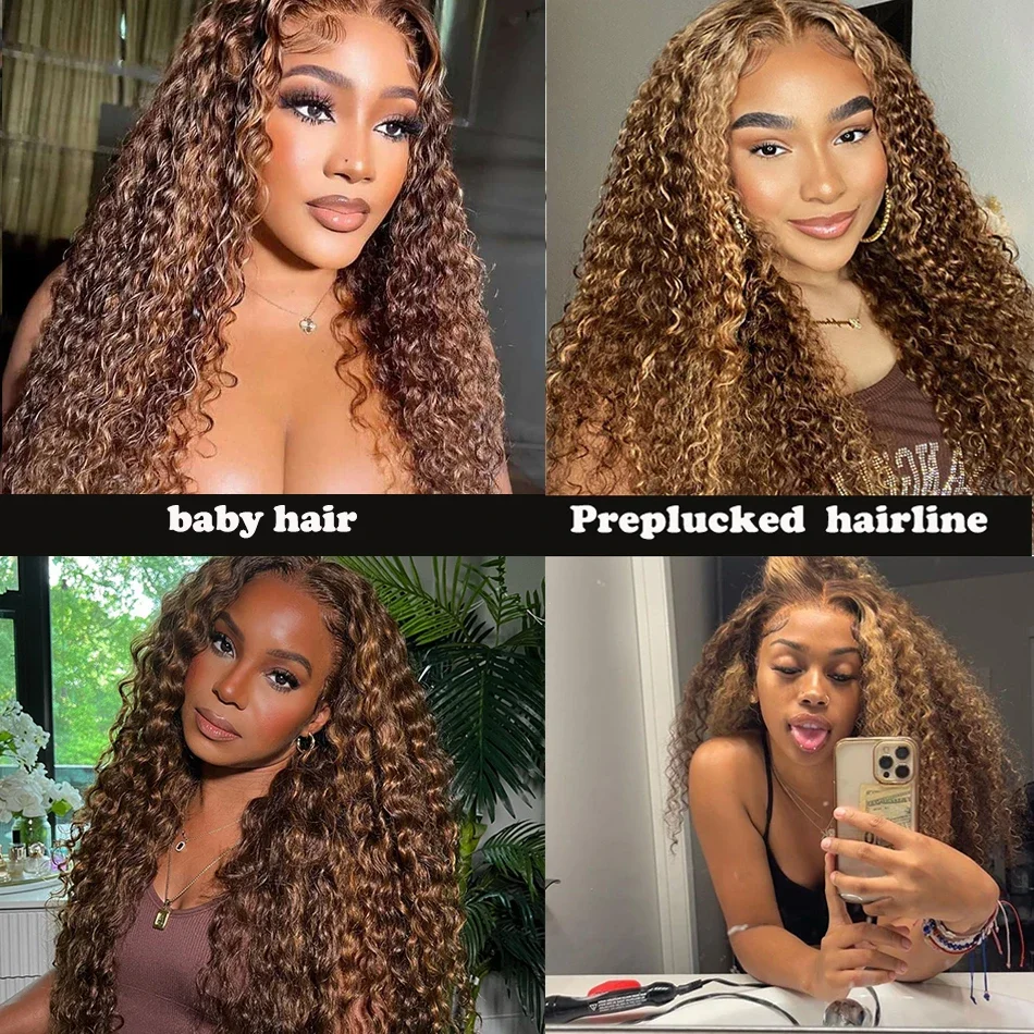 Göndör melírozott paróka emberi hajból, ombre brazil mélyvízi hullámos HD frontális mézszőke csipke eleje paróka_voghion.com