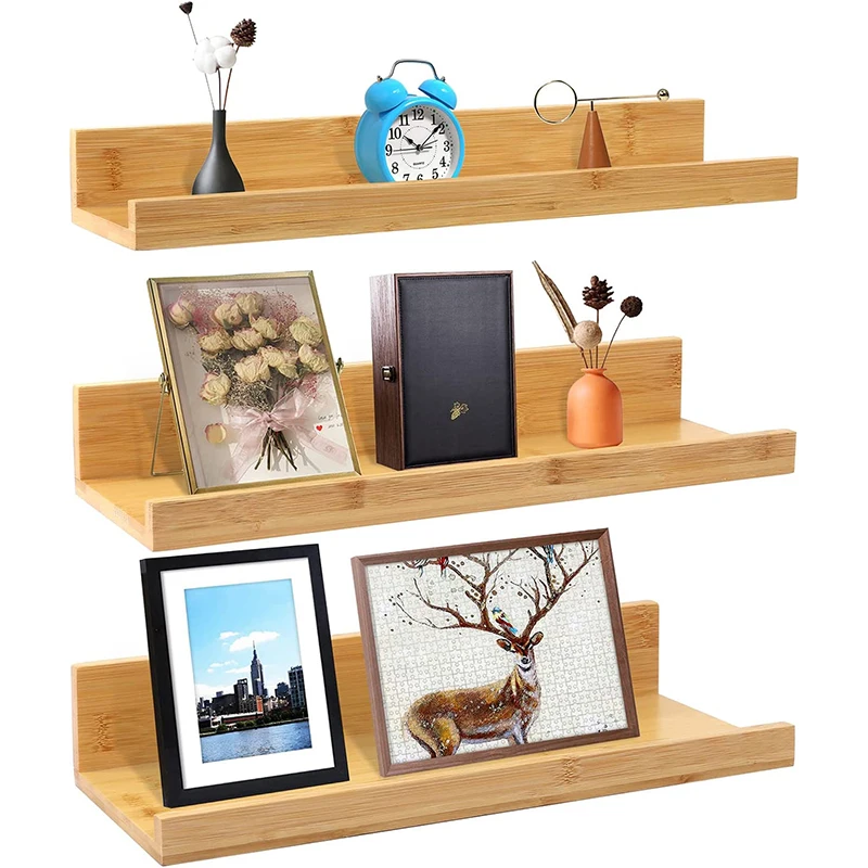Bamboo Rustic Floating Shelves Wall Mounted 3-Tier Eco-friendly Multifunction Storage Organizer for Bathroom Bedroom Kitchen