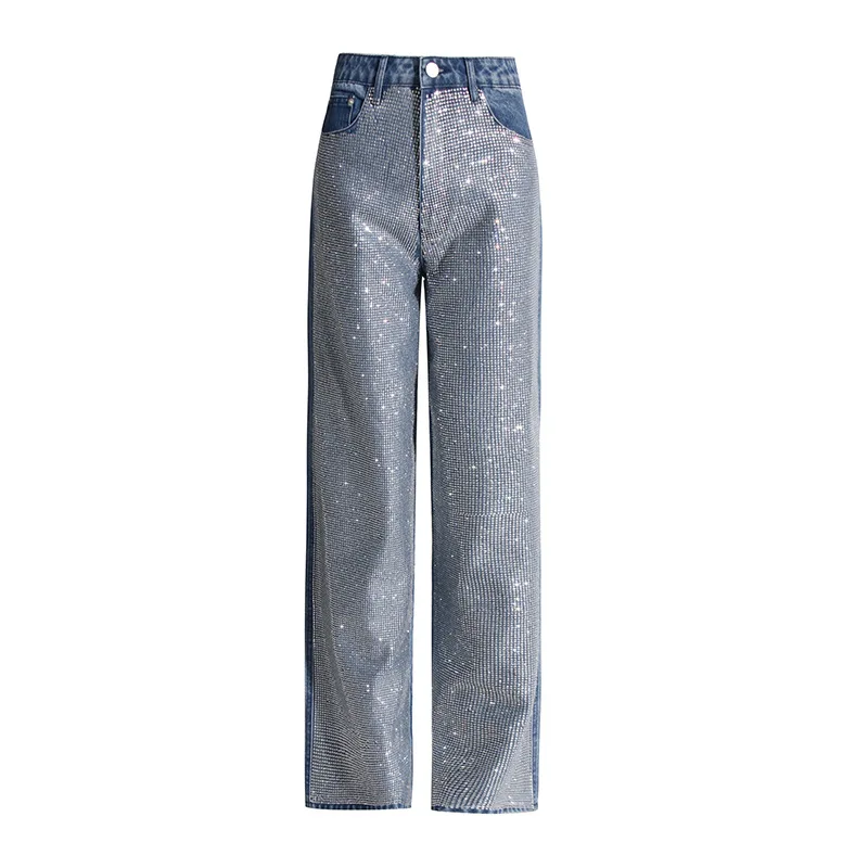 2025 American Hot Girl Style Straight Shiny Diamond Pants Design New Heavy Industry Jeans for Women