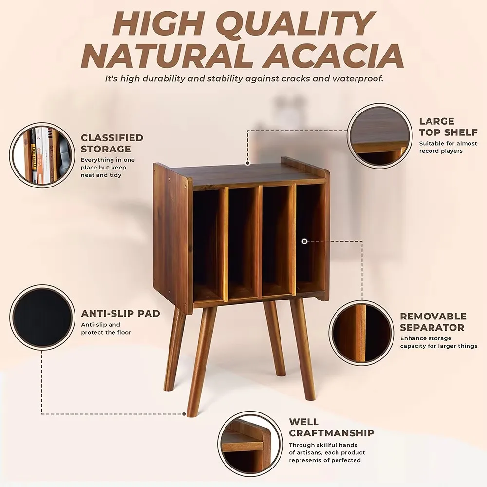 product acacia wooden modern 4 tier multifunctional lp record player bracket storage rack organizer bedside table home coffee use-4