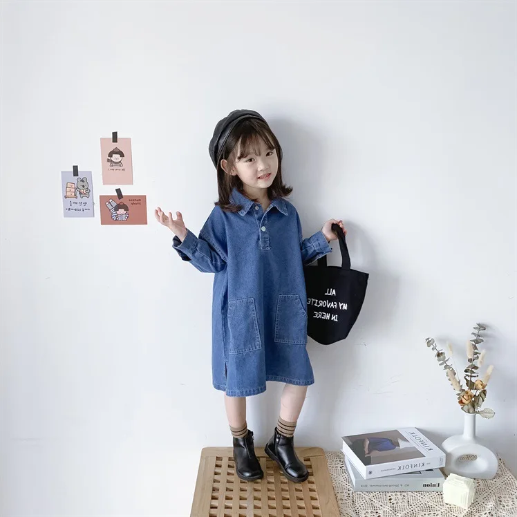 Spring Baby Girls Dress Denim Fabric, Long Sleeve