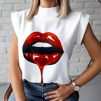 Fashionable Summer T-shirts Ladies Blouses Sleeveless Slimming Red Lip White Tops Women