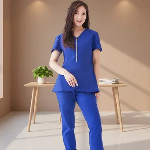 Factory Wholesale Custom Women's Fashionable Fitted Nurse Uniform Woven Fabric Stretchy Zipper Scrub Suit for Hospital Use