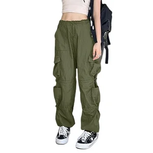 Baggy Mid Waist Drawstring Elastic Parachute Cargo Jogger Pants for Women Girls Multiple Pockets Waterproof Memory Fabric