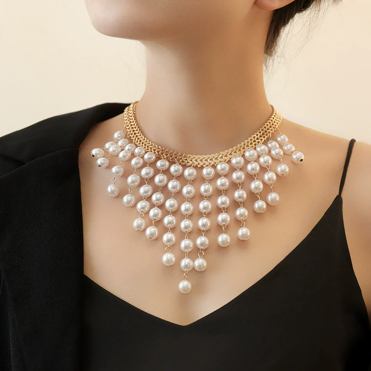 Multi-layer Long Pearl Tassel Necklace New Exaggerated Pearl Bib