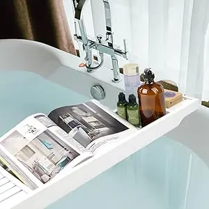 product white bamboo bathtub storage box tray bathroom sets with bathtub tablet stand modern rack for bath accessories-6