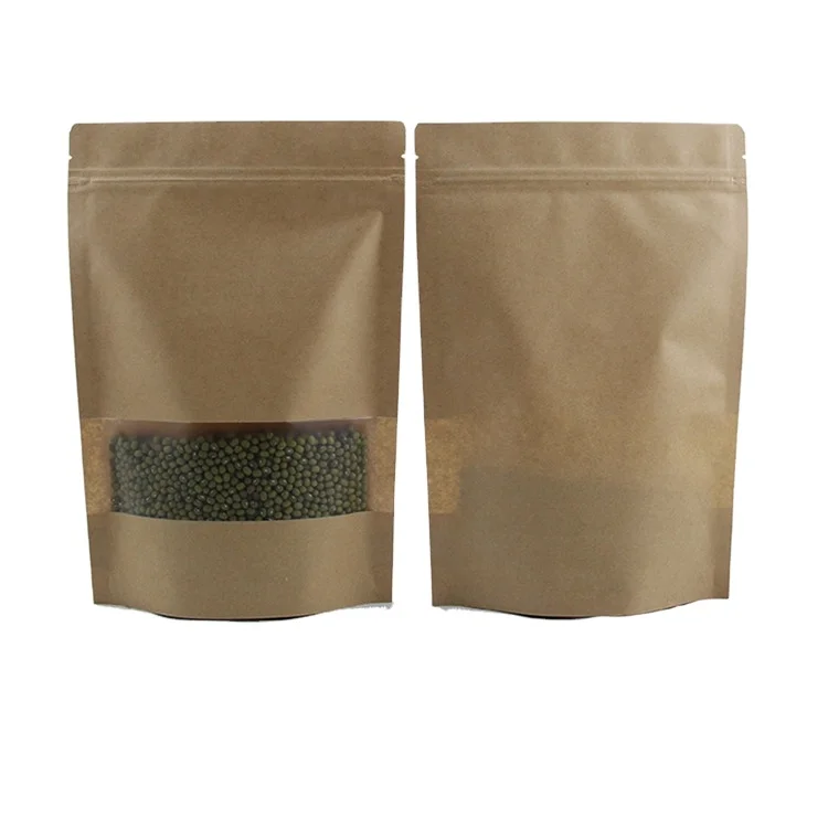 Resealable Custom Printed Packaging Coffee Tea Doypack Zipper Stand up Pouch Brown Kraft Paper Bags With Clear Window