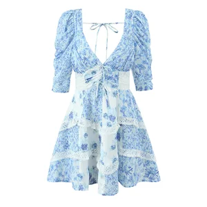 Hot Selling Women's Blue and White Porcelain Floral Lace Patchwork V-neck Waist Cinching Dress