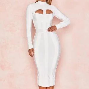 Fashion Cut Out Long Sleeve Bandage Dresses Women Custom White Bodycon Elegant Mid Length Casual Dress
