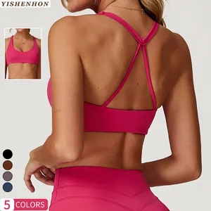 YISHENHON Gym Quick Dry Yoga Spaghetti Strap Athletic Custom Fitness Solid Yoga Workout Women'S Twisted Front Sports Bra