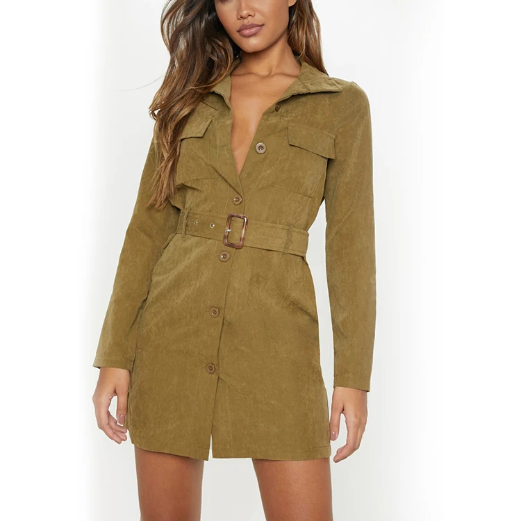 Source OEM Service Casual Shirt Dresses Women Khaki Faux Suede