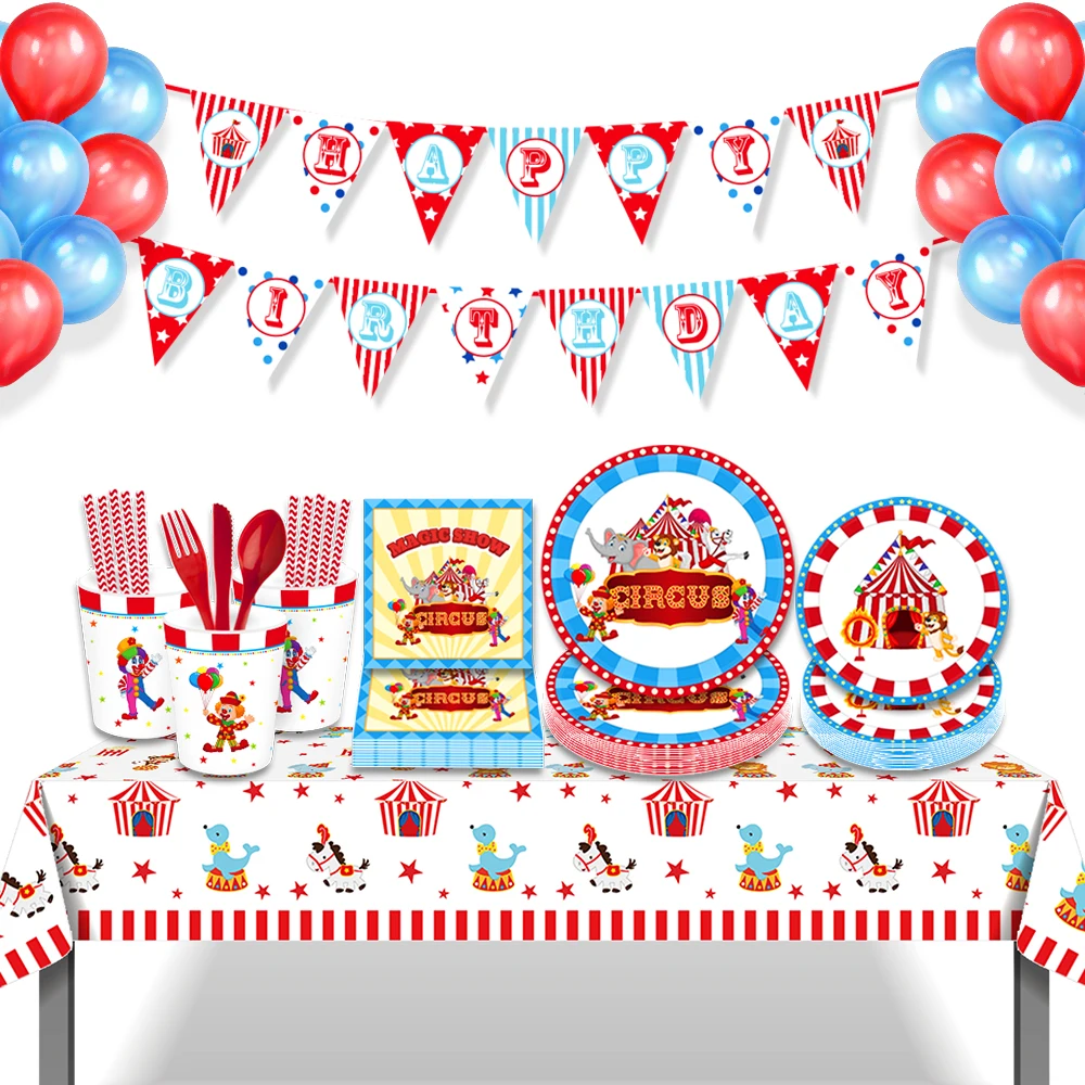 Carnaval circusfeest accessoires, rode en witte strepen feestdecoraties, set van 61 stuks met kartonnen borden, servetten, carnaval tafelkleed, voor verjaardag, baby shower, picknick, geschikt voor 20