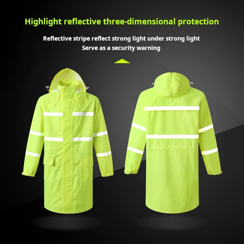 High visibility waterproof breathable reflective safety raincoat long rain jacket warning security m