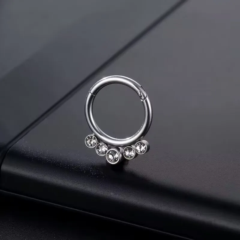G23 Implant Grade Astm F136 Titanium Bezel Set 5 Jewelled Hinged Clicker Ring Earrings Septum Nose Hoop Piercing